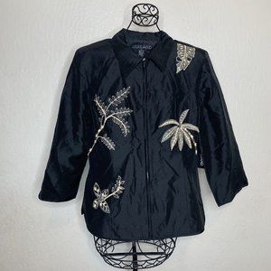 Silk Land Black Beaded Trees Full Zip Lined 3/4 Sleeve Jacket
